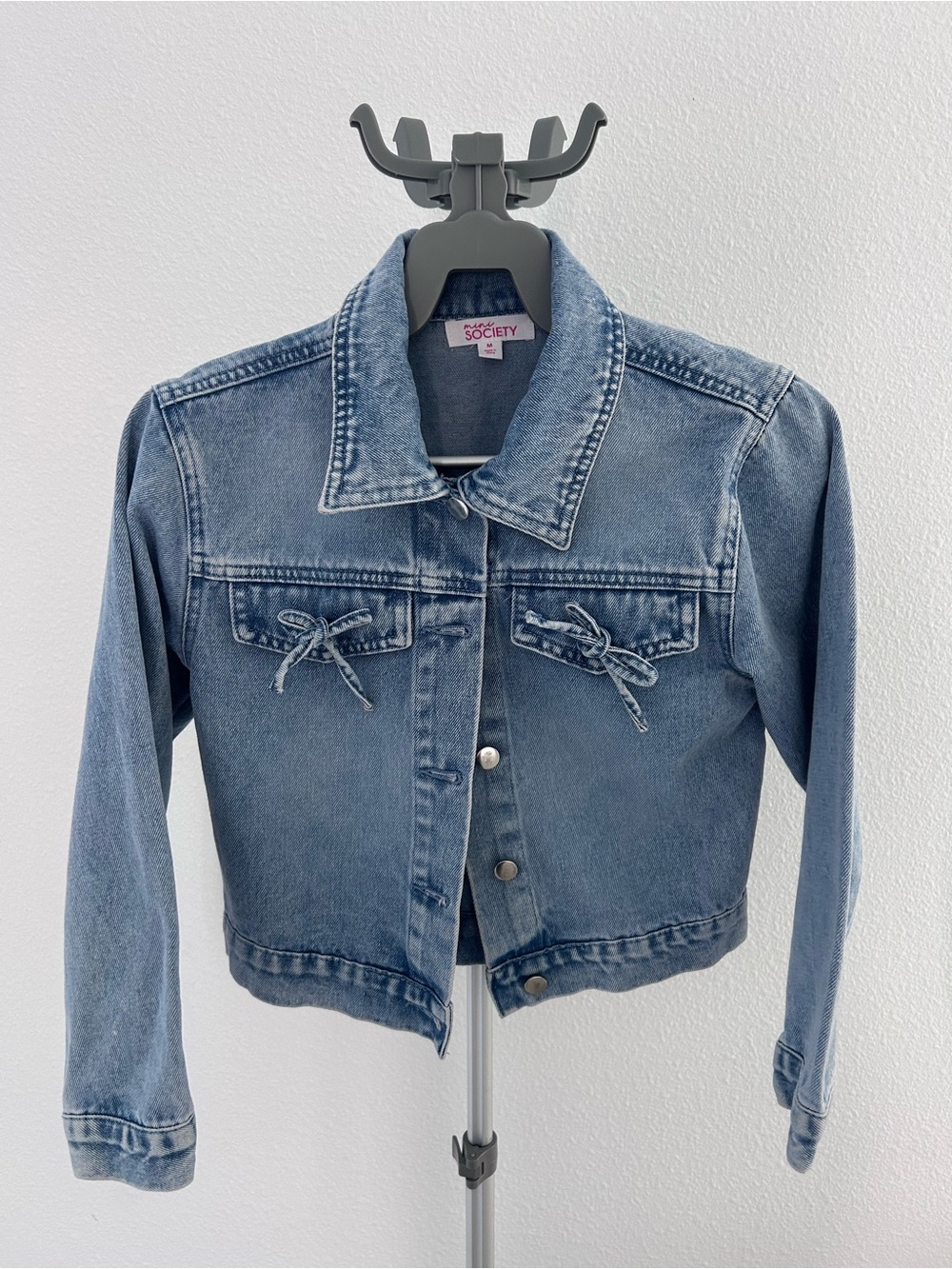 Society Light Blue Denim Cropped Jean Jacket with Pocket Bows